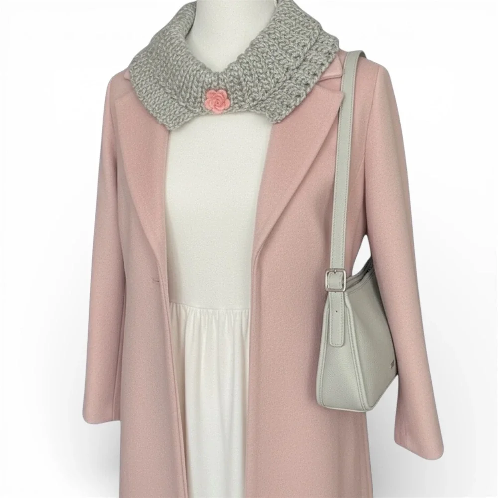 Handmade Knit Neck‎ Warmer Cowl Collar Gray Sparkle Pink Rose Accent Cottagecore